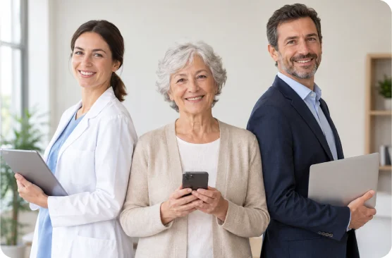 Profesional de los cuidados, mujer mayor con su móvil y gestor con portátil: tecnología de i4life para las personas